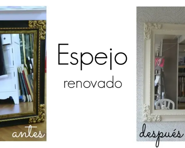 Espejos antiguos pintados a la tiza, antes y después. Un espejo con marco negro y dorado, y otro renovado en blanco.