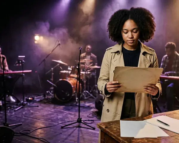 Jeune artiste auteur, concentrée sur ses partitions, sur scène avec son groupe. La cotisation artiste auteur est essentielle pour sa carrière.