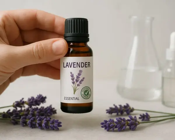 Mano sostiene botella de aceite esencial de lavanda, rodeada de flores. Descubre sus propiedades relajantes.