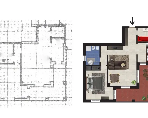 Pianta casa: schizzo grezzo a sinistra, progetto dettagliato a destra con soggiorno, camera, bagno, cucina e terrazzo.