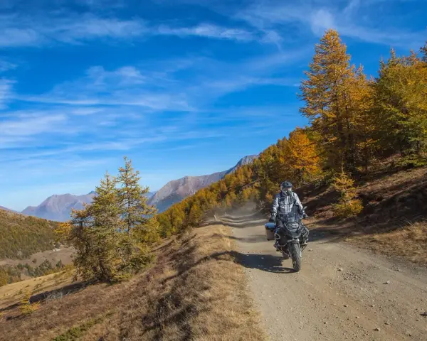 Motociclista su strada sterrata, strada colle delle finestre, con larici dorati e montagne sullo sfondo.