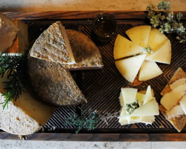 Tabla de quesos variados, hierbas aromáticas y ajos sobre madera.
