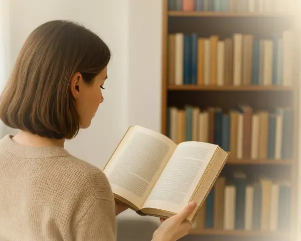Junge Frau liest ein Buch vor einem Bücherregal.