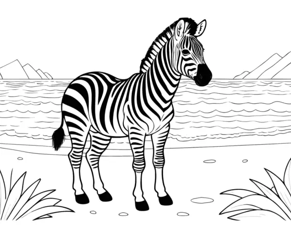 Ett vackert zebra måleri med en zebra vid en vattenkant, med berg i bakgrunden.