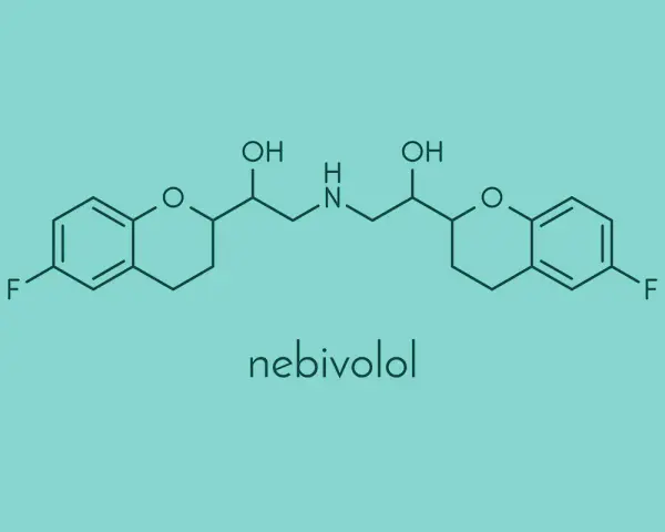 Struktura chemiczna nebiwololu, leku stosowanego w leczeniu nadciśnienia.