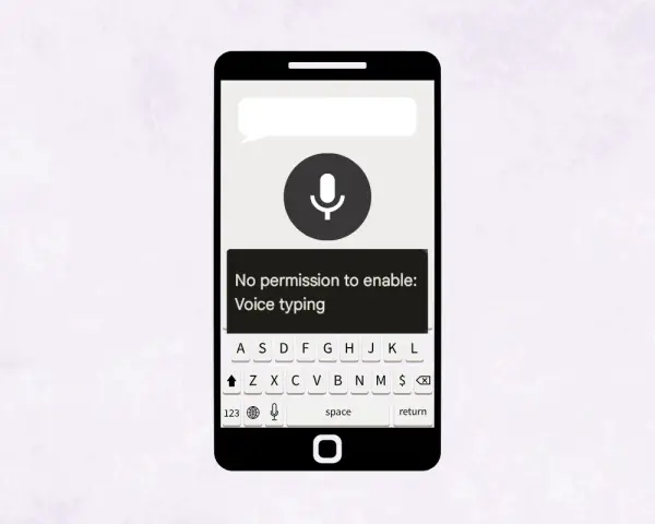 Telefon wyświetla komunikat: brak uprawnień aby włączyć pisanie głosowe. Ikona mikrofonu jest szara.