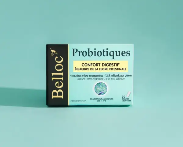 Boîte de probiotiques Belloc pour le confort digestif. Ce probiotique estomac équilibre la flore intestinale.