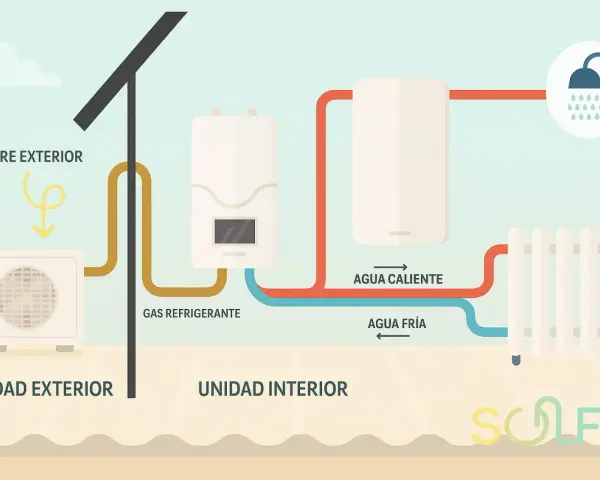Diagrama de una bomba de calor para radiadores: unidad exterior capta aire, unidad interior calienta agua para radiador y ducha.