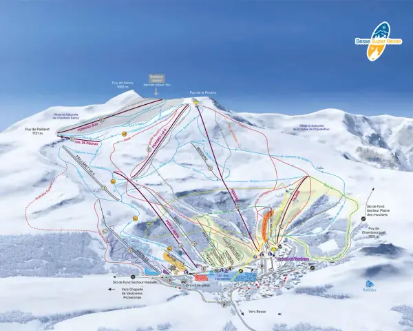 Carte des pistes de ski de Super Besse. Idéal pour savoir que faire à Super Besse sans neige : ski de fond, patinoire, centre ludo-sportif.