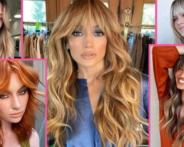 Cinque donne con capelli lunghi e mossi, alcune con una frangia a tendina che incornicia il viso, sfoggiano look diversi.