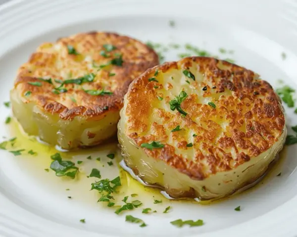 Dos rodajas de patatas al caliu doradas y tiernas, bañadas en aceite de oliva y espolvoreadas con perejil fresco.
