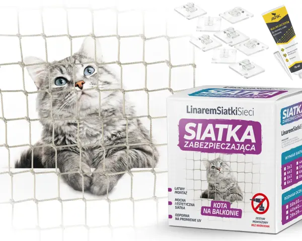 Siatka zabezpieczająca dla kota na balkon. Zestaw montażowy bez wiercenia. Idealne rozwiązanie co zamiast siatki na balkon.