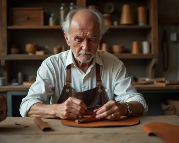 Maestro pellettier, con la dedizione di Thierry Hermes, lavora la pelle con precisione.