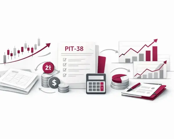 Dokument PIT-38, kalkulator, monety i wykresy wzrostu symbolizują analizę finansową i rozliczenia podatkowe.