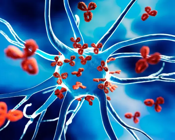 Czerwone przeciwciała atakują neuron, ilustrując mechanizm chorób autoimmunologicznych.