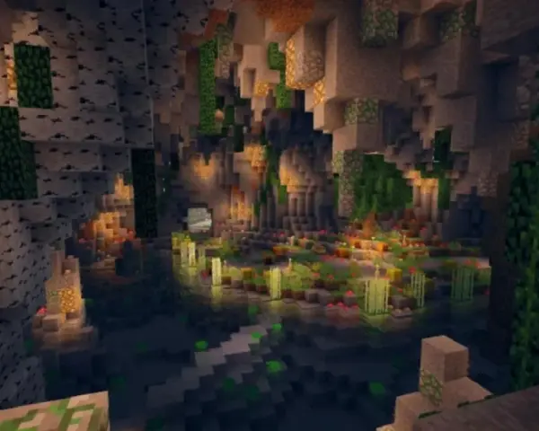 Un mundo subterráneo de Minecraft con cascadas, vegetación exuberante y luces brillantes. ¡Una de las mejores semillas Minecraft para explorar!
