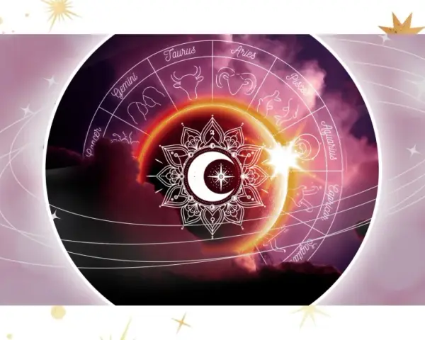 Zodiakalny krąg z symbolem księżyca i gwiazd, otoczony zorzą. Wiosenna równonoc zapowiada nowy cykl.