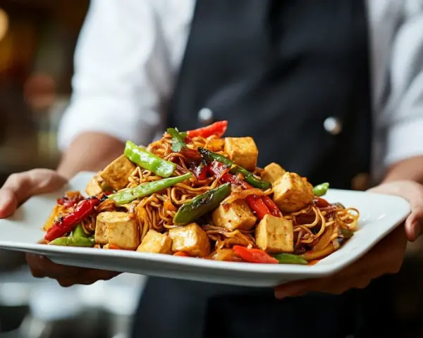 Talerz pełen aromatycznego makaronu z tofu, chrupiącymi warzywami i sosem. Idealne danie dla miłośników kuchni azjatyckiej.