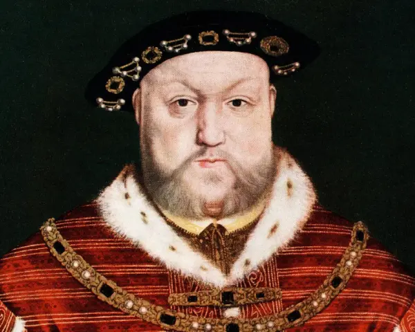 Porträt von Heinrich VIII. in prächtiger Kleidung. Seine vielen Ehepartnerinnen kannten seine Macht.