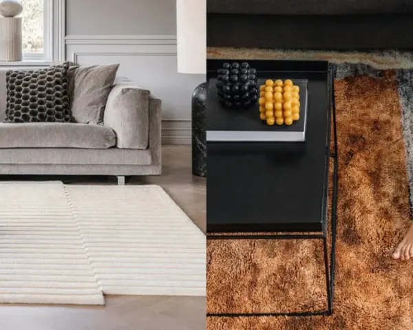 Quel tapis avec canapé gris, un salon moderne avec un tapis texturé et un tapis abstrait aux couleurs chaudes.