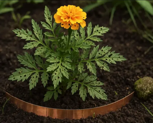 En ensam, gul tagetes med hål i bladen, omgiven av mörk jord och en kopparkant. Ett tecken på att det är dags att odla tagetes.