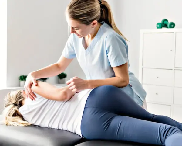 Physiotherapeutin behandelt Patientin am Rücken. Hier wird gezeigt, was bei Physiotherapie gemacht wird: gezielte manuelle Therapie zur Linderung von Schmerzen und Verbesserung der Beweglichkeit.