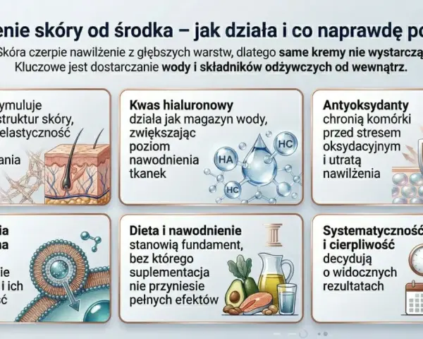 Jak nawilżyć skórę głowy od środka? Grafika wyjaśnia rolę kolagenu, kwasu hialuronowego, antyoksydantów, technologii liposomalnej, diety i nawodnienia.