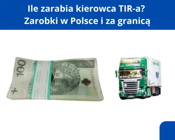 Stos banknotów 100 zł i zielona ciężarówka TIR.