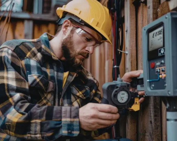 Technik w kasku i okularach ochronnych, z narzędziem en50549-pl, pracuje przy panelu sterowania na drewnianej ścianie.