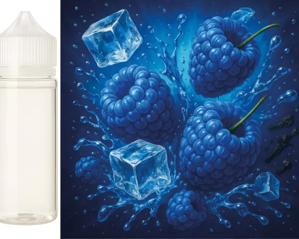 Botella vacía junto a frambuesas azules, cubitos de hielo y salpicaduras de agua.