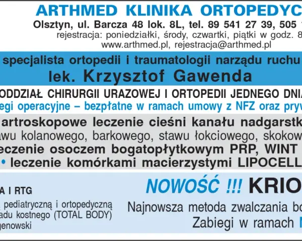 Logo ARTHMED, dane kontaktowe kliniki, specjalista ortopedii i traumatologii, zabiegi artroskopowe, leczenie osoczem i komórkami macierzystymi, kriolezja.
