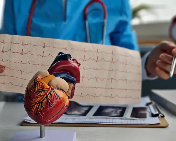 Model serca i EKG. Lekarz analizuje zapis, być może w kontekście leczenia bisocard.