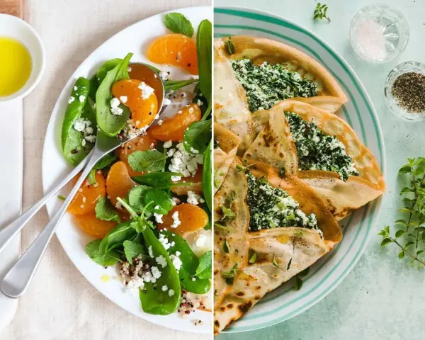 Deliciosas recetas con espinacas: ensalada fresca con naranja y queso feta, y crepes rellenos.