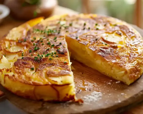 En gyllene spansk omelett, skuren i ett stycke, med tunna potatisskivor och toppad med färska örter.