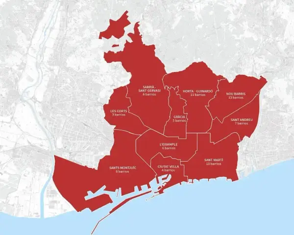 Mapa Barcelony z zaznaczonymi dzielnicami. Podpowiada, gdzie najlepiej nocować w Barcelonie, pokazując liczbę dzielnic w każdym regionie.