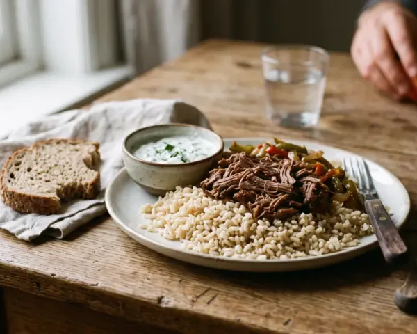 Assiette de riz brun, effiloché de bœuf et légumes, avec une sauce blanche et du pain. Une alimentation équilibrée pour la musculation.