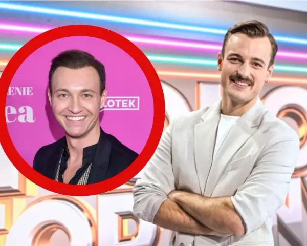 Uśmiechnięty mężczyzna z wąsikiem, jakby czekał na obrót koła fortuny, gdzie casting do programu.