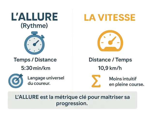 Comparaison entre allure (temps/distance) et vitesse (distance/temps). L'allure aide à calculer une vitesse intuitivement.