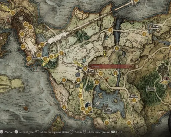 Mapa de Elden Ring. La zona de Gatefront es ideal para farmear runas.