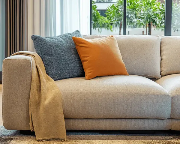 Sofá de tela beige con cojines azul y naranja, y una manta doblada. Ideal para limpiar sofá de tela y mantenerlo como nuevo.