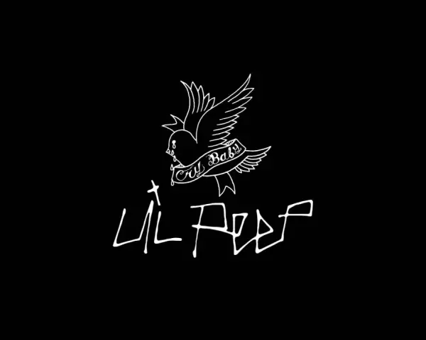 Biały ptak z napisem "Cry Baby" na wstędze i podpis "Lil Peep" na czarnym tle. Bez wątpienia symbolizuje smutek.