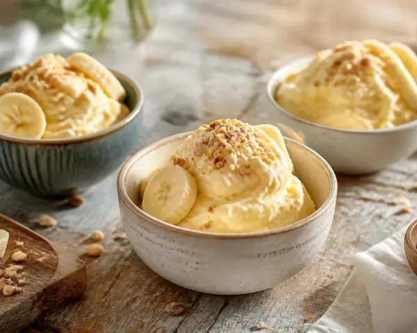 Cremiges Bananensirbet in Schalen, garniert mit Bananenscheiben und Nüssen. Ein erfrischender Genuss!