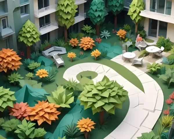 Un giardino stilizzato con alberi di carta e fiori colorati, circondato da palazzi verdi. Un percorso bianco serpeggia tra la vegetazione.