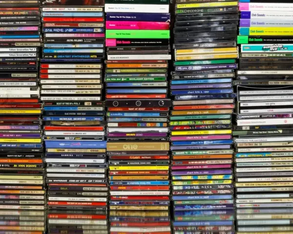 Najważniejsze płyty w historii muzyki: stosy CD z hitami disco, dance, pop i rocka.