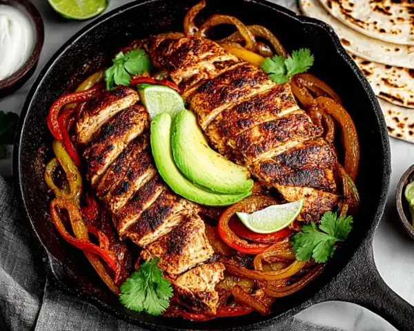 Fajitas de pollo con pimientos, aguacate y tortillas. ¡Un festín listo para disfrutar!