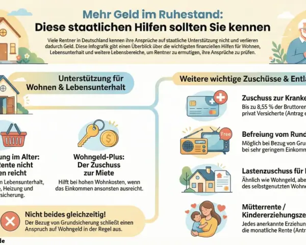 Infografik zeigt staatliche Hilfen für Rentner. Sie erklärt, wieviel Rentenpunkte bei Pflegegrad 2 relevant sind, z.B. Wohngeld-Plus.