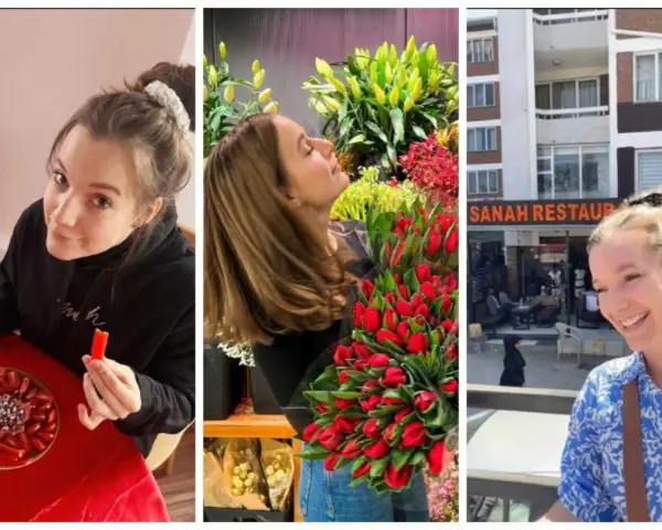 Uśmiechnięta dziewczyna przy stole z papryką, z bukietem tulipanów i przed restauracją Sanah.