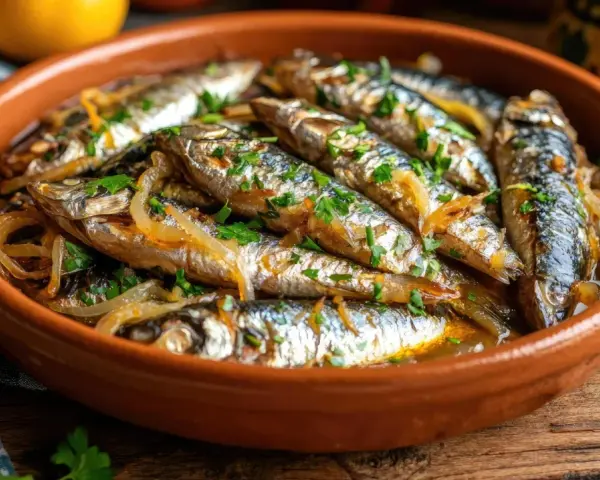 Sardinas en escabeche, un plato tradicional con cebolla y perejil, servido en una cazuela de barro.