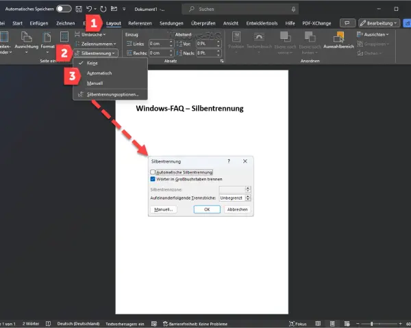 Menüpunkt "Layout" > "Silbentrennung" > "Automatisch" ausgewählt. Dialogfeld "Silbentrennung" mit Option "Automatische Silbentrennung" ist geöffnet.