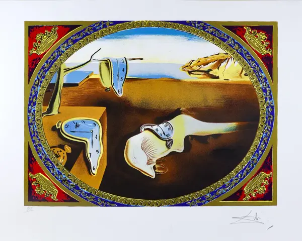 Paysage surréaliste de Dali Salvatore avec des montres molles, un paysage désertique et une forme humaine étrange.